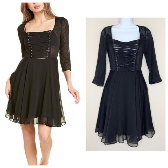 NEW The Kooples Chiffon Lace Up Mini Dress (Sz XXS) Fit-And-Flare Black - Picture 1 of 14